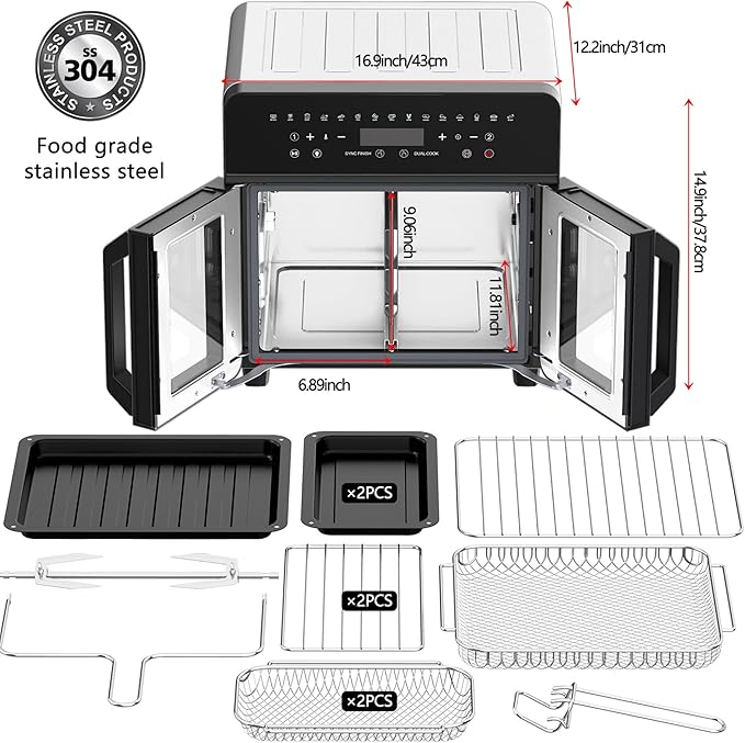 Air Fryer Toaster Oven Combo, 24 QT Fench Door Countertop Toaster Oven, 360 Degree Air Flow, 15 Cooking Functions, Digital Controls, 13 Accessories Included, Stainless Steel Finish