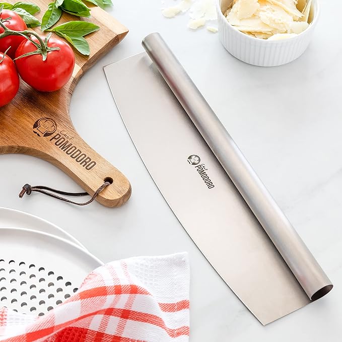 Chef Pomodoro Pizza Cutter Rocker Knife with Protective Cover, Multipurpose 14 Inch Mezzaluna Chopper with Super Sharp Stainless Steel Blade, Blade Cover, Premium Pizza Accessories Dishwasher Safe