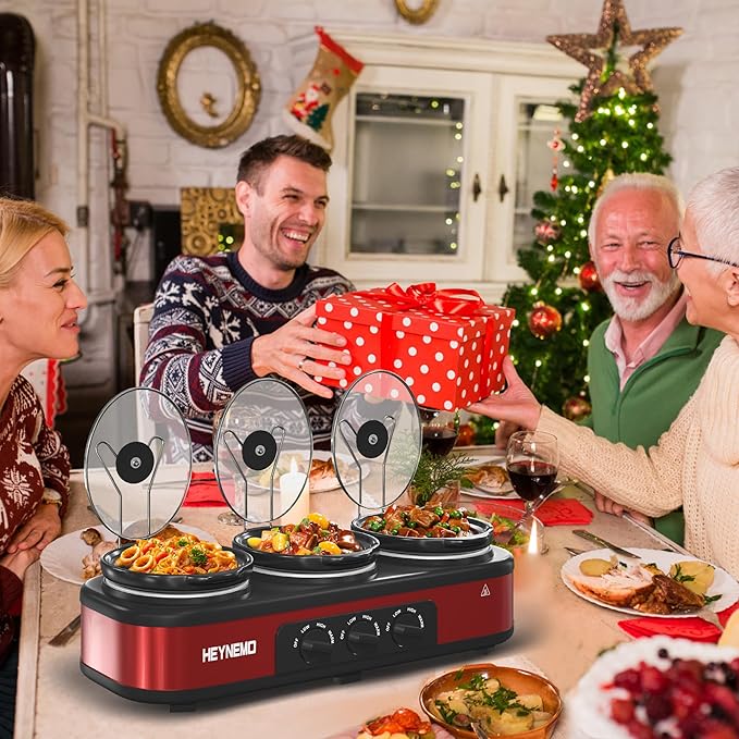 Triple Slow Cooker, 3 X 1.5QT Slow Cooker with 3 Cooking Settings, Buffet Servers and Warmers with Dishwasher-Safe Ceramic Pot, Glass Lid, Red