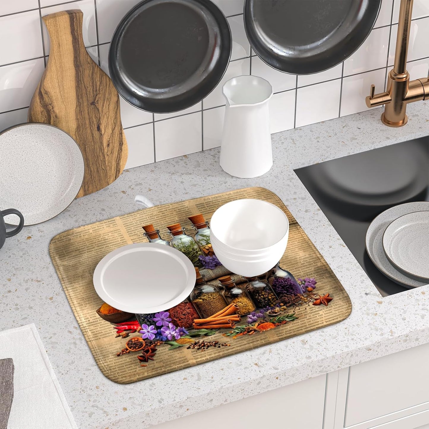 Vintage Kitchen Dish Drying Mat - Spice Bottle Decorative Dish Sink Rack Pad 16 X 18 Inch