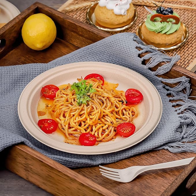 Gezond 150pcs Compostable Paper Plates 9 Inch Disposable Plates Unbleached Heavy Duty Eco-friendly Sugarcane Fiber Biodegradable Plate for Party Picnic