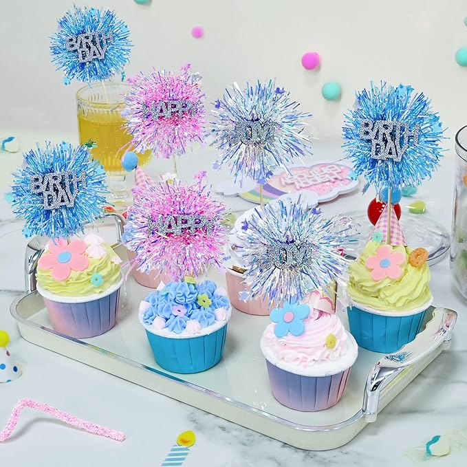 LOLStar 12 Pcs Happy Birthday Cake Toppers, Foil Firework Cupcake Toppers Blue Pink Sparkle Tinsel Drink Stirrers Cake Party Decoration, Cocktail Food Fruit Toothpick for Holiday Photo Booth Props