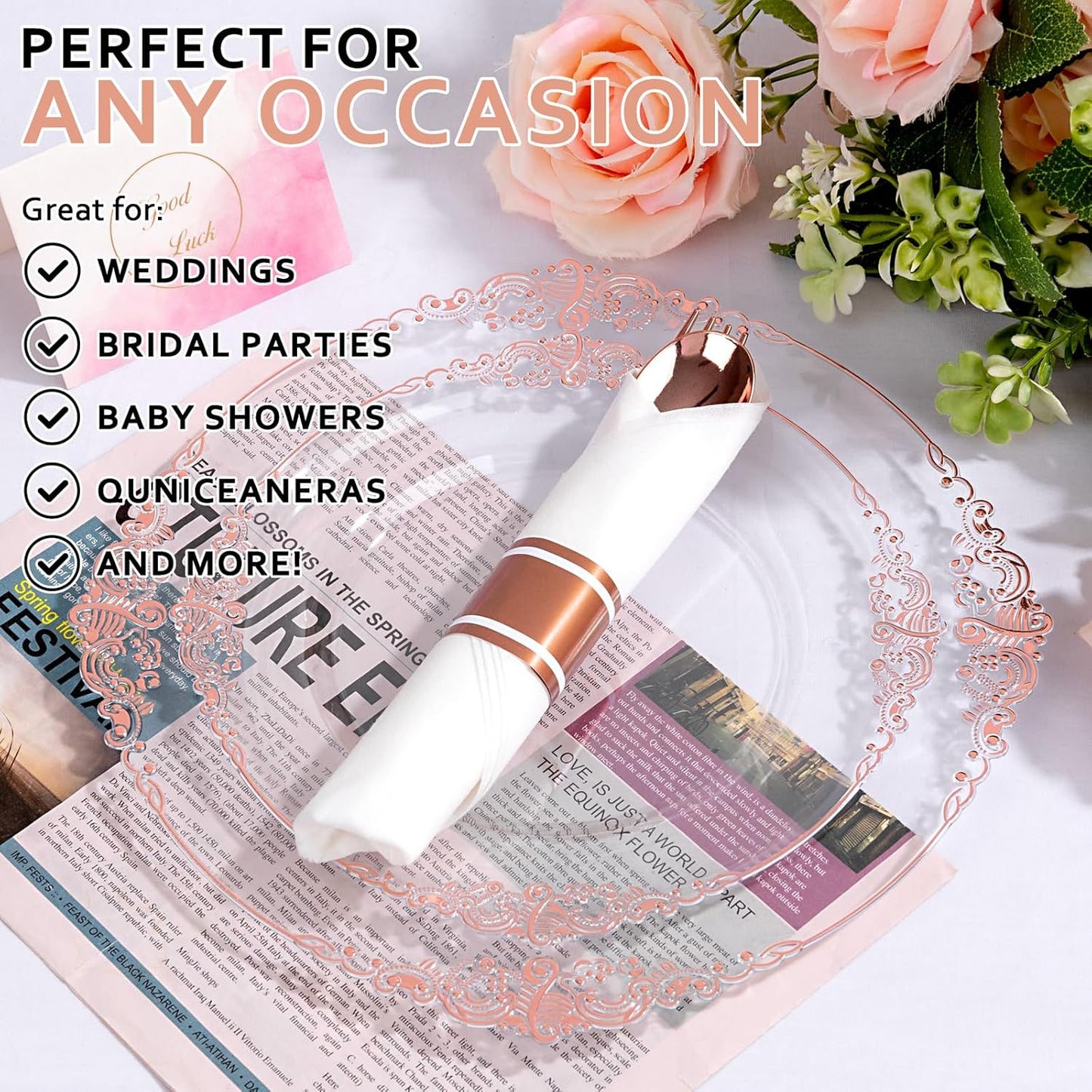 400PCS Pre Rolled Rose Gold Plastic Silverware Sets - Heavy Duty Rose Gold Cutlery - Include 100 Pack Wrapped Disposable Utensils with Napkins for Parties & Dinners & Weddings