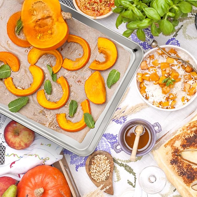 P&P CHEF 16 Inch Baking Cookie Sheet, Oven Pan Tray Stainless Steel Sheet Pan for Kitchen, Oven Bakeware for Multi Uses, Shiny Look & Dishwasher Safe, Healthy & Heavy Duty, 2Pcs