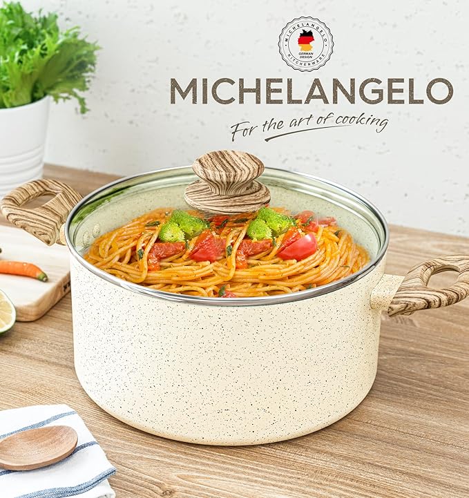 MICHELANGELO 5 Quart Stock Pot with Lid, Nonstick Soup Pot with Lid, Induction Cooking Pot White Granite, Non Stick Pot with Stay-cool Handle, 5 Quart Nonstick Pot for Cooking