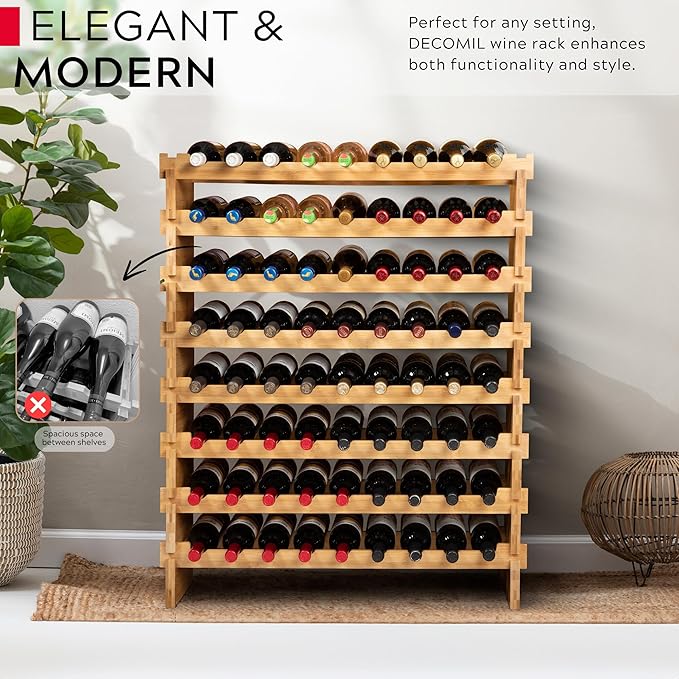 DECOMIL - 72 Bottle Stackable Modular Wine Rack Wine Storage Rack Solid Bamboo Wine Holder Display Shelves, Wobble-Free (Eight-Tier, 72 Bottle Capacity)