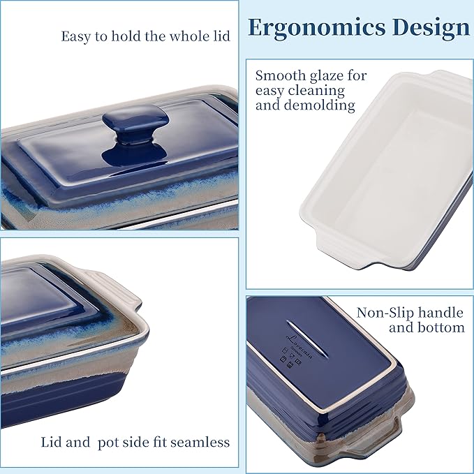 LOVECASA 4.5 Quart Ceramic Casserole Dish with Lid, 9x13 Baking Dish for Oven, Lasagna Pan Deep with Handles, Stoneware Bakeware, Oven & Dishwasher Safe, Blue Gray Gradient