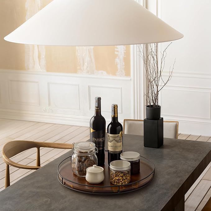 18" Acacia Wood Lazy Susan Turntable with Metal Frame - Large Brown Lazy Susans Organizer Countertop Storage - Wooden Serving Tray for Charcuterie Cheese Board - Kitchen Counter Rotating