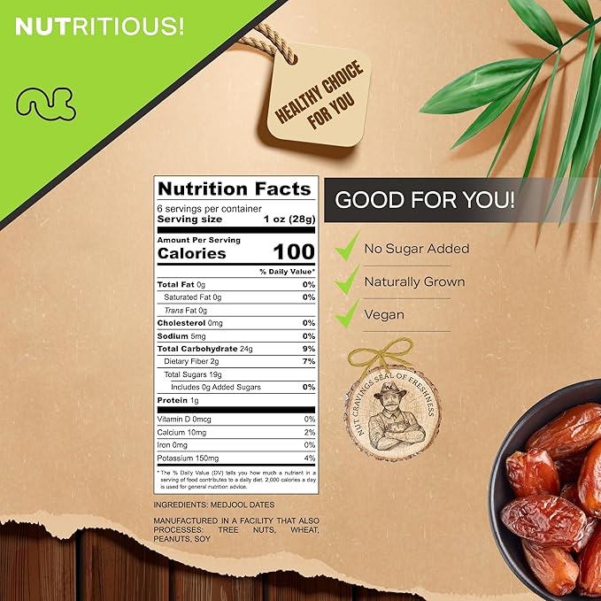 NUT CRAVINGS - Sun Dried Jumbo Medjool Dates, No Sugar Added (6oz, 1 Pack) Bulk Dry Fruits Packed Fresh in Resealable Bag - Sweet Healthy Snack, Naturally Grown, Vegan, Kosher