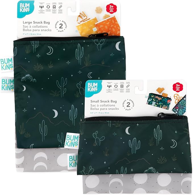 Bumkins - Cloth Snack & Sandwich Bags -For Storage, Travel, Food Prep, Lunch -Reusable, Water Resistant, Washable, Dishwasher Safe -Snack Bags for Kids -Zipper Closure -Desert Dk. Green & Gray -4 Pack