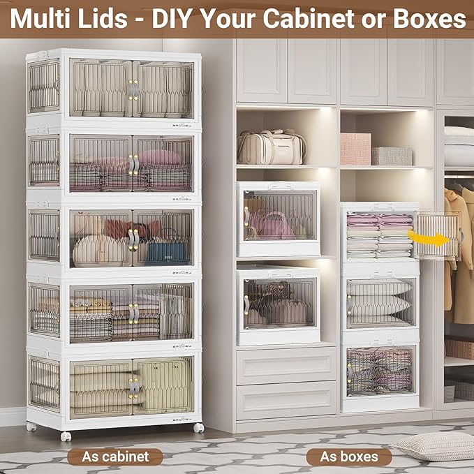 480QT Large Stackable Storage Bins with Lids, Plastic Closet Organizer and Storage Drawer, Collapsible Storage Box with Wheels, Folding Storage Cabinet with Doors for Home Kitchen, 4Pack White