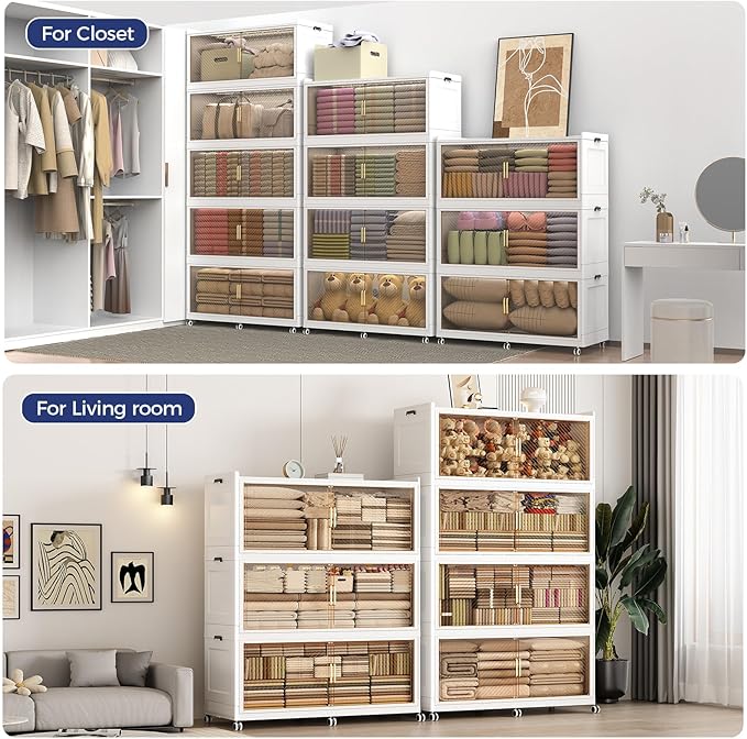 150 Gallon Extra Large Collapsible Storage Bin with Lid, 600QT Stackable Plastic Organizer with 6x Wheels, Foldable Drawer Cabinet for Closet, Living Room Office Dorm 3Pack, White