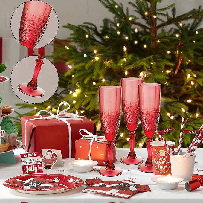 Plastic Champagne Flutes, 12PCS Dark Red Plastic Wine Glasses Goblets Reusable Champagne Flute for Christmas, Weddings, Bachelor Parties, Toasting, and Events(12, Dark Red)
