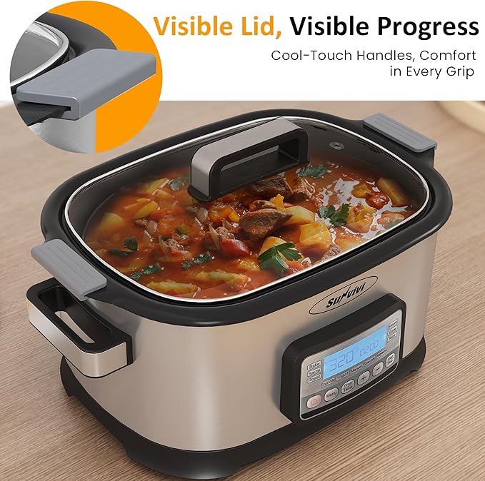 Sunvivi 6.5 Quart Slow Cooker Roaster Oven:11 in 1 programmable Multi-Cooker Food Warmer with Digital Timer, Temp Control, Removable Nonstick Cast Aluminum Pot & Dishwasher-Safe Tempered Glass Lid