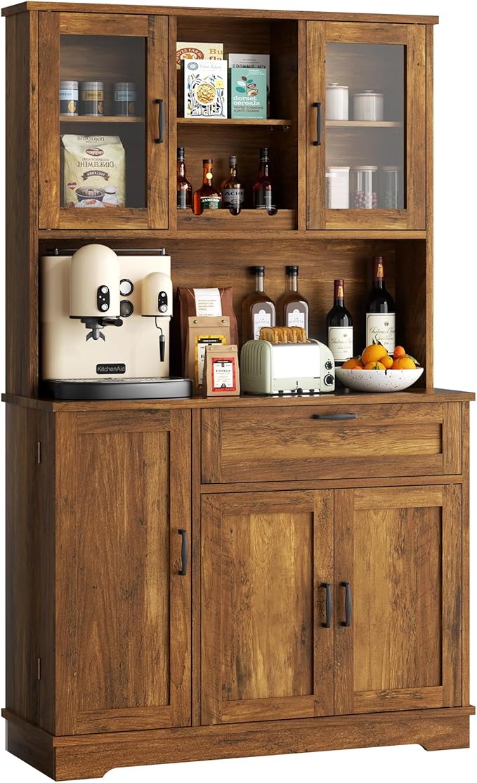Vongrasig Tall Kitchen Pantry, Food Storage Pantry Cabinet with Hutch and Microwave Stand, Modern Coffee Bar Hutch with Adjustable Shelves for Kitchen, Dining Room, Brown