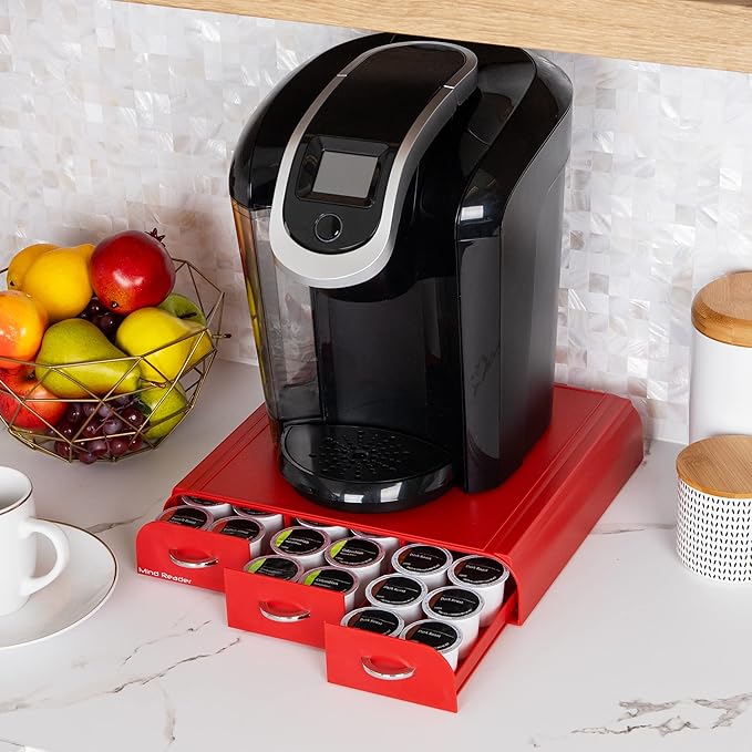 Mind Reader Single Serve Coffee Pod Organizer with 3 Drawers, 36 Pod Capacity, Countertop, 13.5"L x 12.25"W x 2.5"H, Red