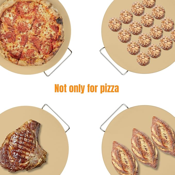 Round Pizza Stone for Grill 16 inch with Handles - Heavy Duty Cordierite Pizza Stone for Oven -Thermal Shock Resistant Baking Stone, Includes Metal Rack & Scraper