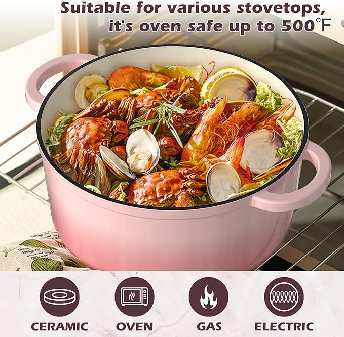 Umite Chef 5QT Enameled Cast Iron Dutch Oven Pot with Lid, Heavy-Duty Cookware for Bread Baking, Braising, Stews, Roasting, Wedding Registry Ideas & Gifts (Pink)