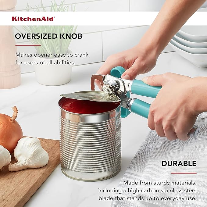 KitchenAid Classic Multifunction Can Opener and Bottle Opener Easy to Use, Razor Sharp Stainless Steel Cutting Wheel, Soft Ergonomic Handles, Aqua Sky
