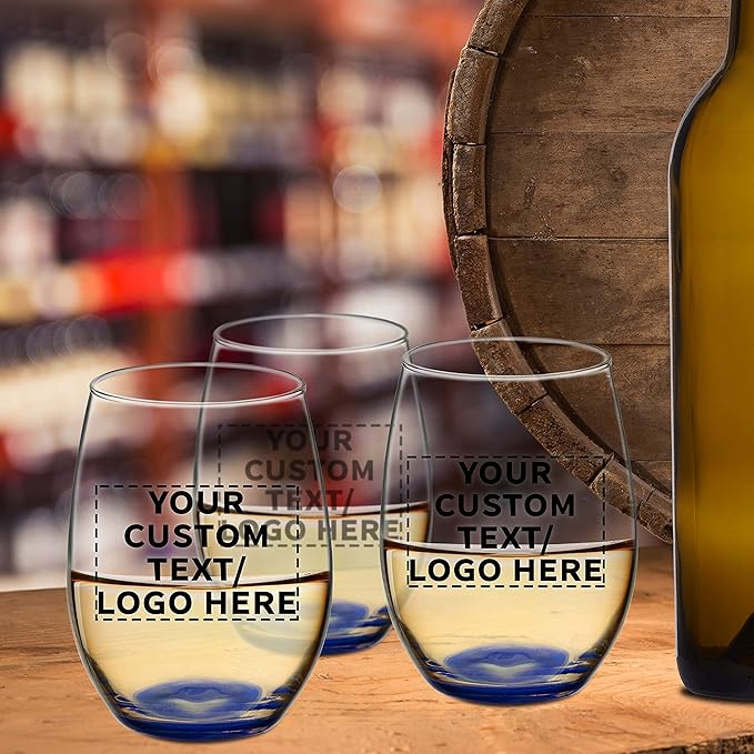 DISCOUNT PROMOS 100 ARC Stemless Wine Glasses Set, 21 oz. - Customizable Text, Logo - Chardonnay, Cabernet, Merlot, Sauvignon - Blue