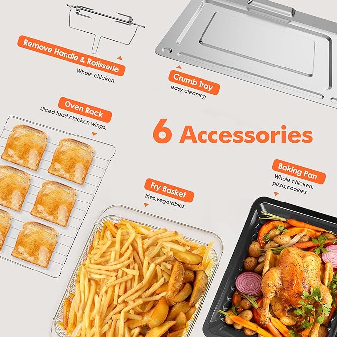 Kitchen in the box 32QT Extra Large Air Fryer Toaster Oven Combo, 21-in-1 Countertop Convection Toaster Oven with Rotisserie and Dehydrate, 6 Accessories, 1800W Dual Cook Preset (Silver)
