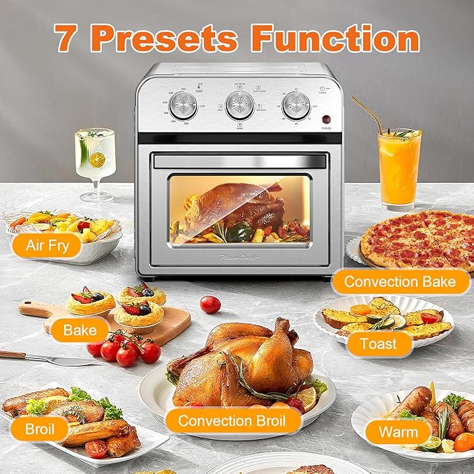 PlumChef 13 Quart 4 Slices Air Fryer Convection Toaster Oven, 1500W, Multifunction Oven for Roast, Bake, Grill, Broil, Toast(stainless steel)