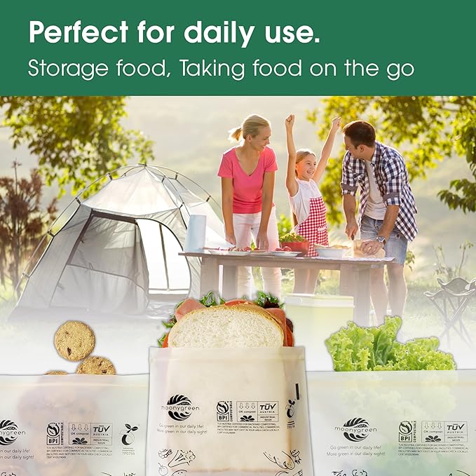 Compostable Food Storage Bags, Resealable Snack Bags, 50 Count, 6.5 x 3.7 inches, Extra Thick, Certified US BPI ASTM D6400 Europe OK Compost