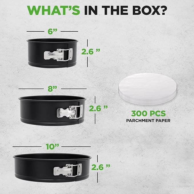 NutriChef 3 Piece Nonstick Springform Pan Set | 3 Tiered Sizes 6, 8 & 10 Inch Pans | Carbon Steel Cheesecake Pans | Stainless Steel Clasps | Oven Safe to 450 F | Includes 300 Parchment Papers | Black