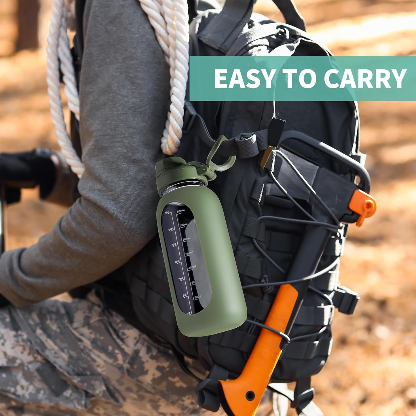 CIVAGO 40 oz Glass Water Bottle with Straw and Handle, Large Sports Motivational Water Bottle Flask with Time Marker and 2 Lids, Leakproof Water Jug Canteen with Silicone Sleeve for Gym,Army Green