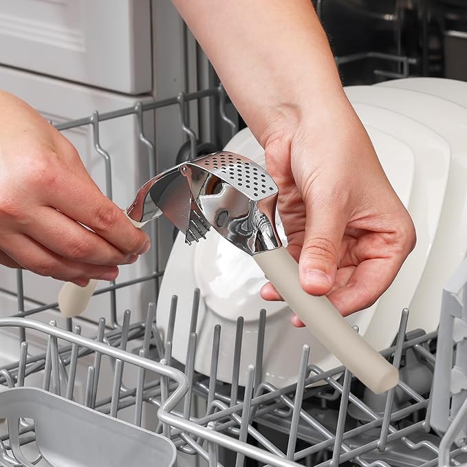 Zulay Kitchen Comfort Grip Garlic Press - Garlic Mincer Tool - Garlic Crusher - Garlic Press Mincer Rust Proof, with Soft Ergonomic Handle, Easy Clean Set with Peeler and Brush - Gray