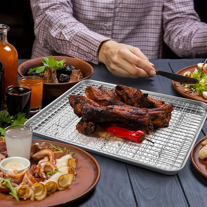 P&P CHEF Baking Oven Pan with Wire Rack, Stainless Steel Baking Oven Sheet Tray, Bacon Pan and Cooling Rack for Cooking Roasting Cookie, Dishwasher Safe & Easy Clean, 16 x 12 x 1 Inch