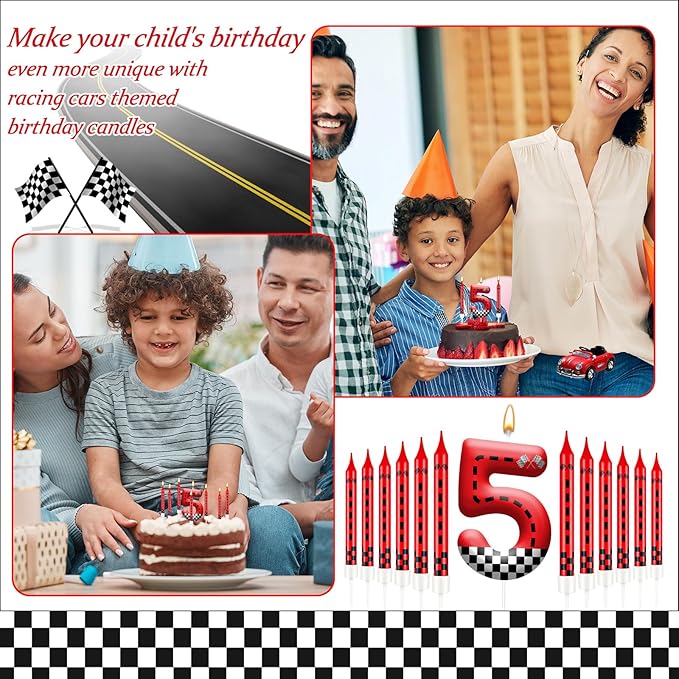 13PCS Racing Car Theme Birthday Candle Set with Checkered Flag Design - Durable Cake Topper for Race Car Party Decorations, Kids Birthday Supplies - Number 5 Candle for Racing-Themed Celebrations