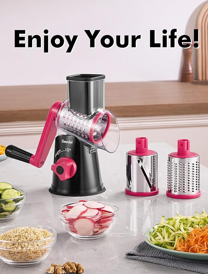 Geedel Rotary Cheese Grater, Kitchen Mandoline Vegetable Slicer with 3 Interchangeable Blades, Easy to Clean Rotary Grater Slicer for Fruit, Vegetables, Nuts