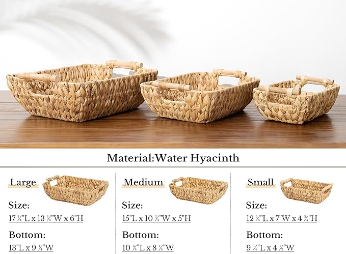 StorageWorks Hand-Woven Large Storage Baskets with Wooden Handles, Water Hyacinth Wicker Baskets for Organizing, 2-Pack
