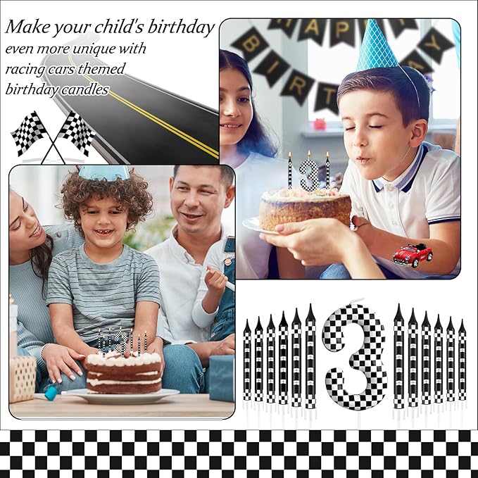 13 Pcs Racing Cars Themed Birthday Candles Black and White Race Number 3 Checkered Candle Cake Topper for Racing Car Party Decoration Supplies (Number 3)