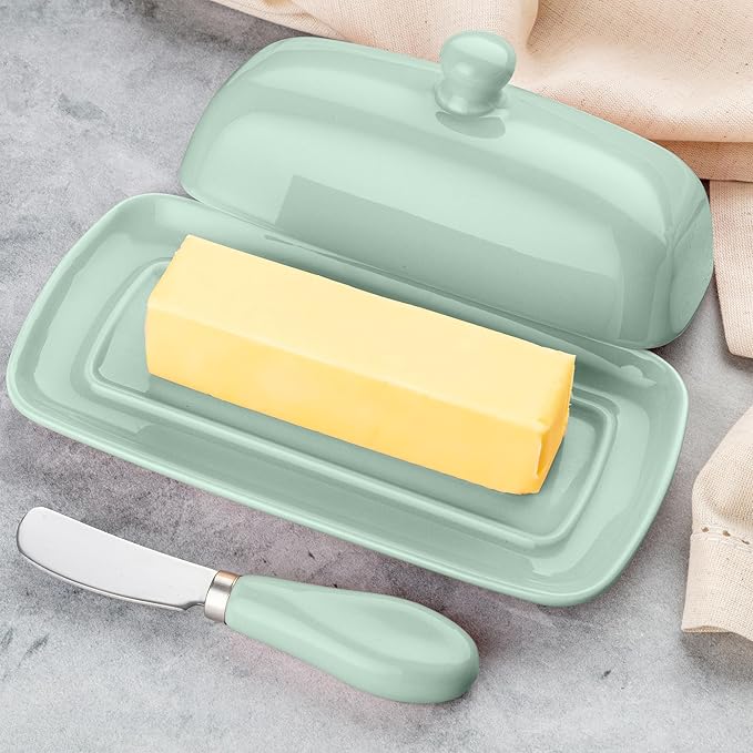 Zulay Butter Dish With Lid For Countertop - Porcelain White, Ceramic Butter Dish with Knob Handle Great for Cooking - Elegant Design Butter Holder - Durable & Sturdy Butter Keeper - Mint