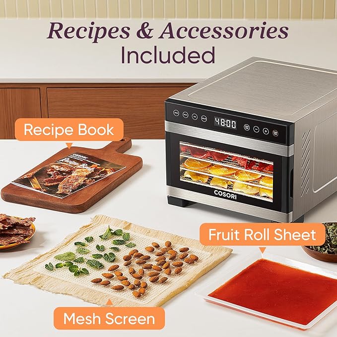 COSORI Food Dehydrator for Jerky, 176Β°F Temperature Control, 5 Stainless Steel Trays Dryer Machine, 4 Presets, 48H Timer, for Dog Treats, Meat, Fruit, Veggies, Snacks, Recipe Book Included