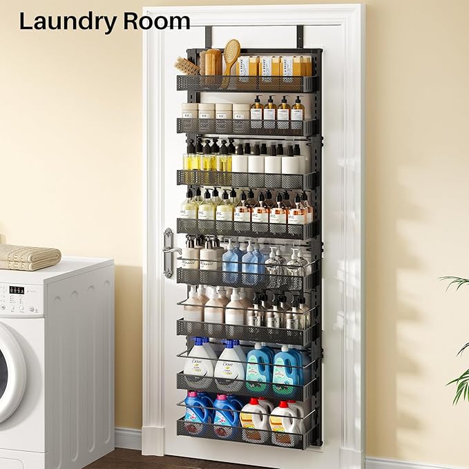 Over the Door Pantry Organizer - 8 Tier Adjustable Hanging Door Spice Rack, Large Capacity for Kitchen Pantry Storage (Black)