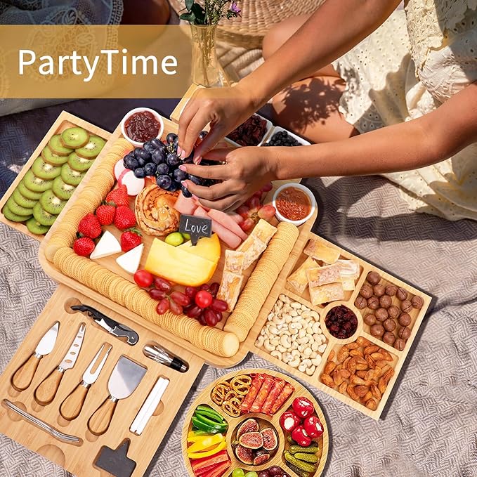 Charcuterie Board Gift Set, Bamboo Cheese Board Gift Set with 20 Accessories, Large Charcuterie Boards Set for House Warming, Wedding, Bridal Shower