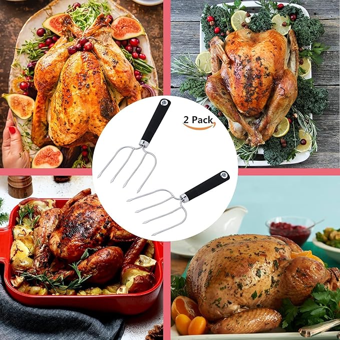 KAYCROWN Turkey Baster and Turkey Roast Lifters with Non-Slip Handle, Silicone Turkey Baster with 2 Marinade Needles & Stainless Steel Turkey Poultry Forks Set, Poultry Lifters