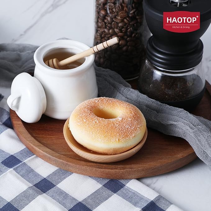 HAOTOP Ceramic Honey pot with Lid and Honey Dipper,Porcelain Honey Jar Easy to Clean and Dishwasher Safe,12oz (White)