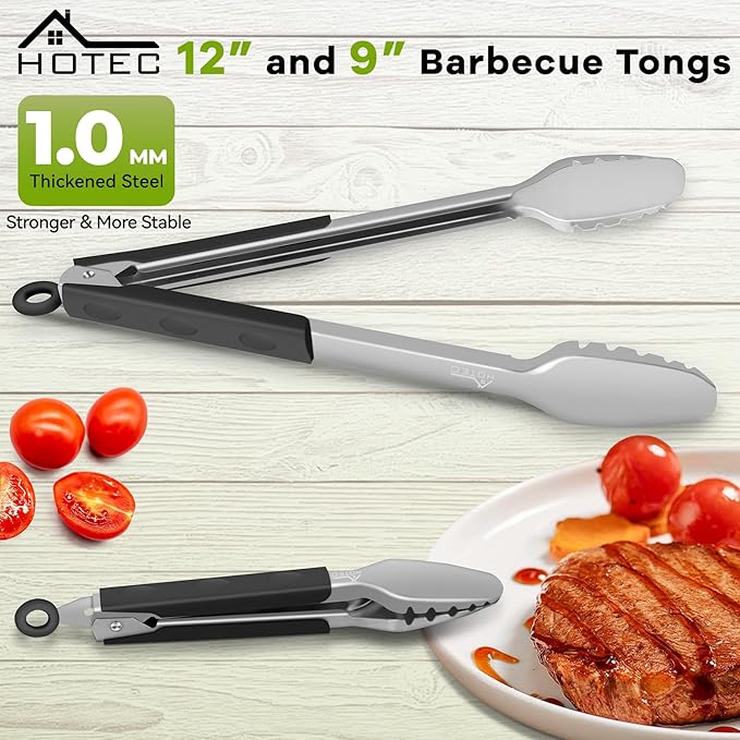 Hotec Stainless Steel Kitchen Tongs Grill Tongs Set of 2-9" and 12", Barbecue Tongs Locking Metal BBQ Kitchen Food Tongs for Cooking Non-Slip Grip