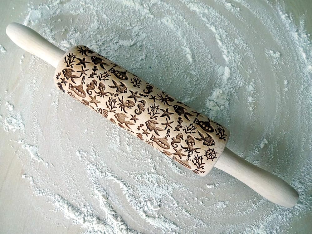 DEEP OCEAN EMBOSSING ROLLING PIN LASER ENGRAVED WITH DEEP OCEAN SYMBOLS GIFT FOR FRIEND