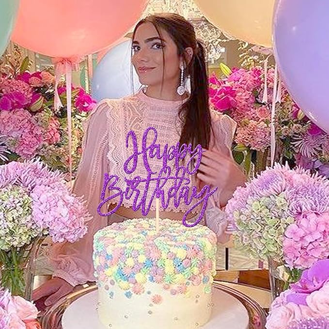 ZHUOWEISM 1 PCS Happy Birthday Cake Topper Glitter Happy Birthday Cake Pick for Celebrating Happy Birthday Anniversary Theme Party Cake Decorations Supplies Purple