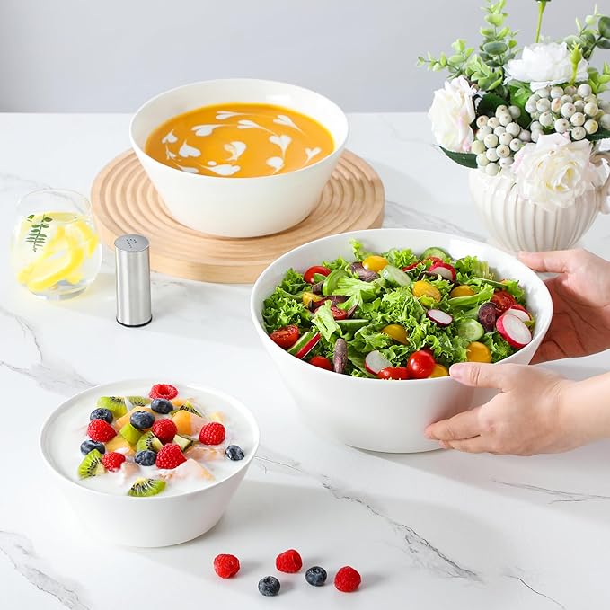 MALACASA Serving Bowls, Ceramic Mixing Bowls for Kitchen, 105/60/35 OZ White Bowls Set of 3, Microwave and Dishwasher Safe, Series Regular
