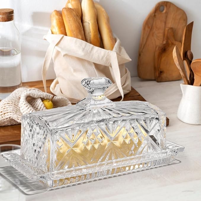 Butter Dish with Lid for Countertop,Glass Butter Container for Counter,Covered French Butter Tray,Large and Wide Butter Tray Holder for Fridge or Keepers on Counter (Clear-6)