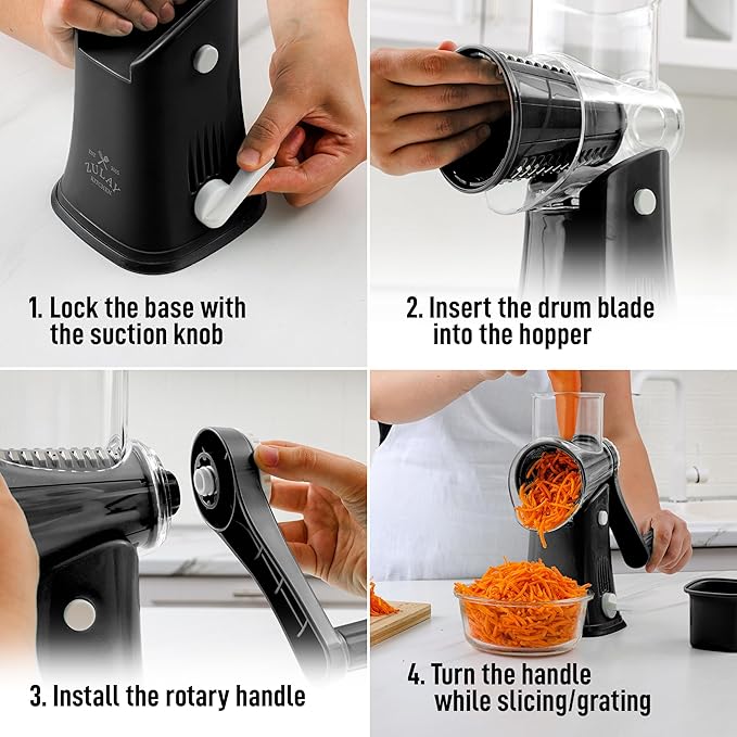 Zulay Kitchen Rotary Cheese Grater 5 Blade Cheese Shredder - Manual Hand Crank Cheese Grater With Reinforced Suction & 5 Interchangeable Drums - Easy to Use, Vegetable Chopper Round Mandoline Slicer