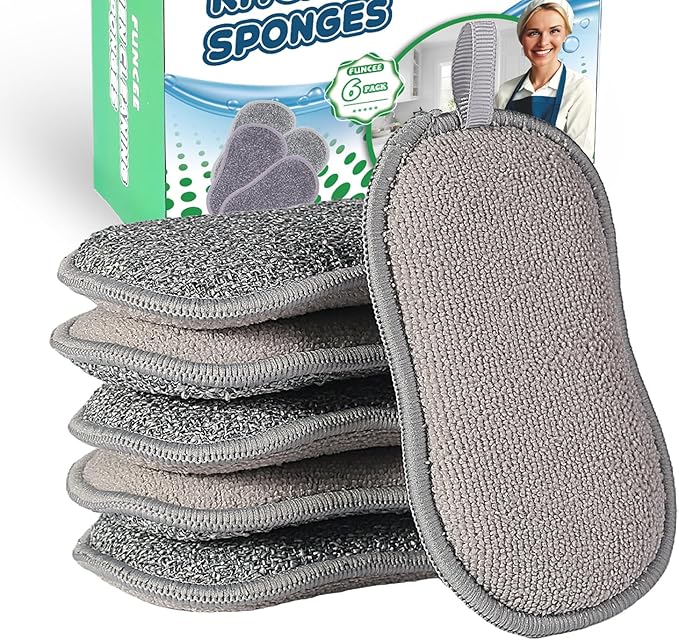 Upgrated Dual-Sided Sponges Kitchen, 6 Pack Microfiber Non Scratch Dish Scrub Sponge, All Purpose Dish Washing Scrubber for Cleaning Dishes, Kitchen, Pots, Pans, Sink & Household