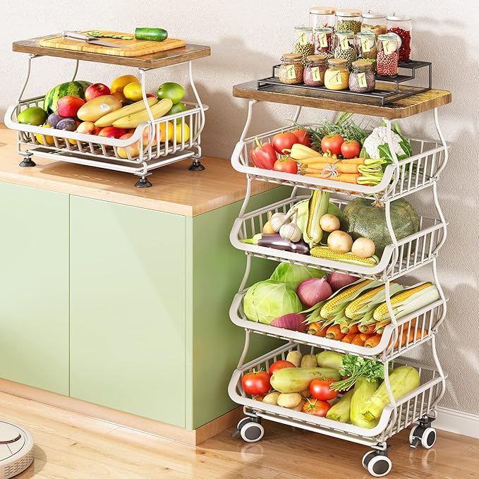 SAYZH Fruit Basket for Kitchen with Wood Top 5 Tier, Stackable Fruit and Vegetable Storage Cart, Wire Storage Basket with Wheels, Vegetable Basket Bins Rack for Onions and Potatoes, White