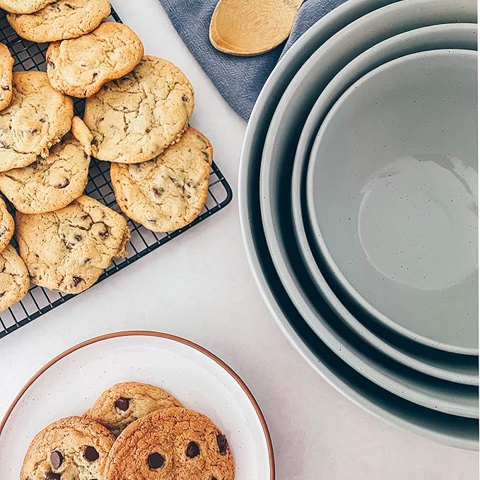 Mora Ceramic Large Mixing Bowls - Set of 2 Nesting Bowls for Cooking, Serving, Popcorn, Salad etc - Microwavable Kitchen Stoneware, Oven, Microwave and Dishwasher Safe - Extra Big 2.5 & 1.6 Qt - Grey